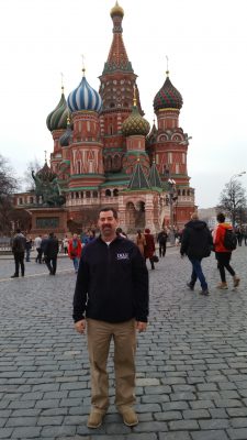 Tim Gwillim stands in front St. Basil's Cathedral in Moscow.