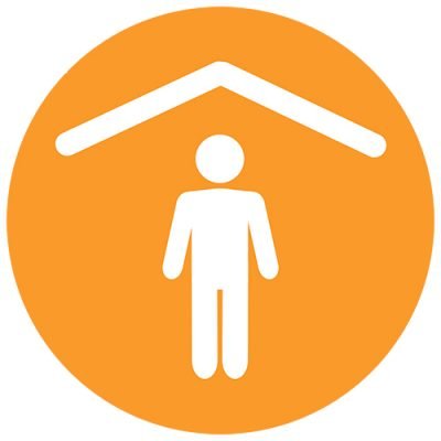 yellow icon with illustrated person under illustrated shelter