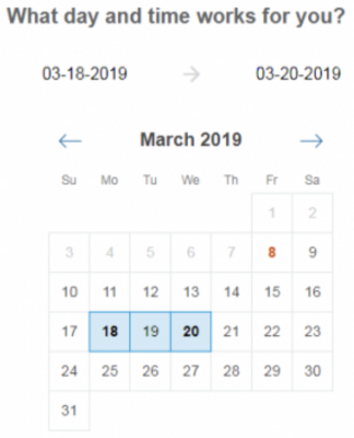 Screenshot of March 2019 digital calendar with March 18-20 highlighted in blue