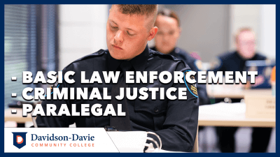 Text reads: "Basic Law Enforcement, Criminal Justice, Paralegal"