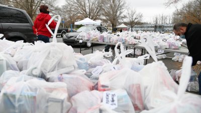 Plastic bags of medicine organized to be given away