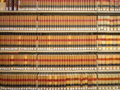 Extensive library of books on shelves.