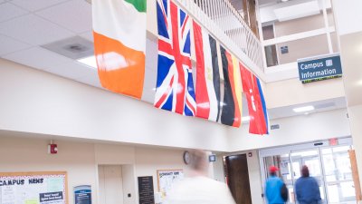 Various international flags hang in Davidson-Davie Brooks Student Center