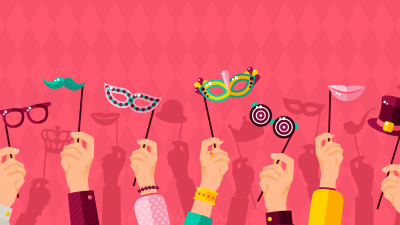 illustration of Masquerade masks being held in the air by various hands