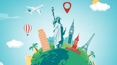 Illustration of the globe with various recognizable icons from various countries.