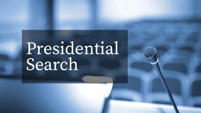 Empty podium with microphone overlooks empty room of chairs. Text reads: "Presidential Search"