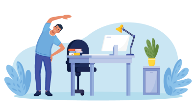 Person stretching beside a desk with a computer and a potted plant.