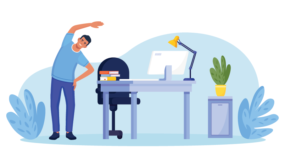 Person stretching beside a desk with a computer and a potted plant.