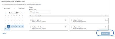 Scheduling interface with a calendar and available appointment slots.