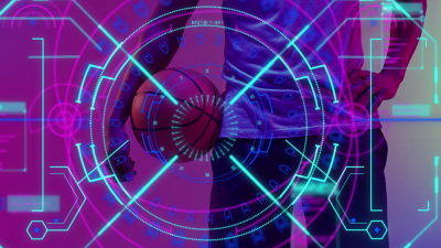 A person holding a basketball with a neon digital interface overlay in a purple and pink background.