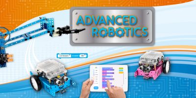 A robotics-themed image with robots, a mechanical arm, and a programming tablet.