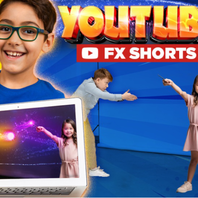 Children with laptop displaying special effects, alongside a YouTube FX Shorts promotion.