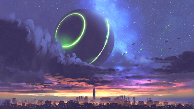 A futuristic city skyline under a colorful sunset with a large glowing sphere in the sky.
