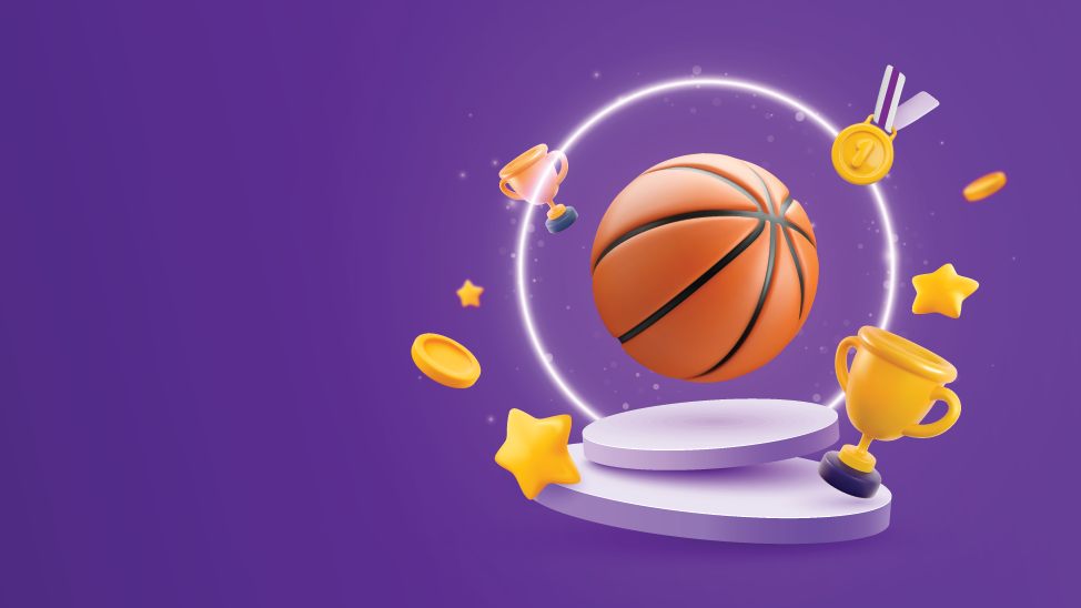 A basketball surrounded by trophies, a medal, stars, and coins on a purple background.