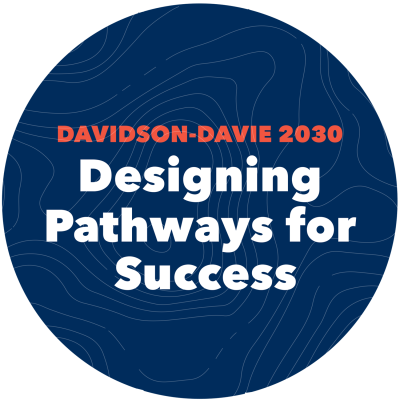 Circular graphic with text: "DAVIDSON-DAVIE 2030 Designing Pathways for Success" on a blue background with contour lines.