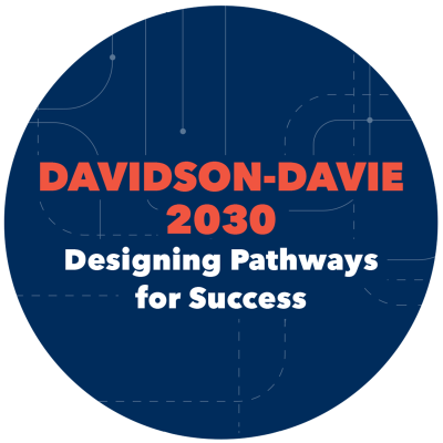 Circular graphic with text: "DAVIDSON-DAVIE 2030 Designing Pathways for Success" on a blue background with contour lines.