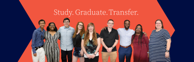 Students in front of the words "Study. Graduate. Transfer.".