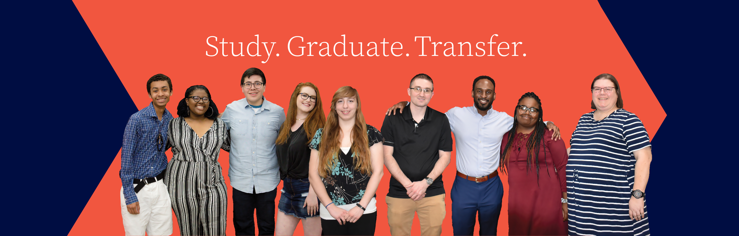 Students in front of the words "Study. Graduate. Transfer.".