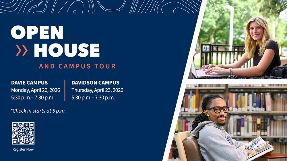 Davidson-Davie Open House event details with photos of two people, one outdoors with a laptop and one in a library with books.