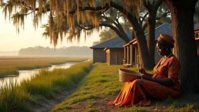 A woman sits weaving a basket under a tree near wooden cabins, with a marshland and waterway in the background during sunset.