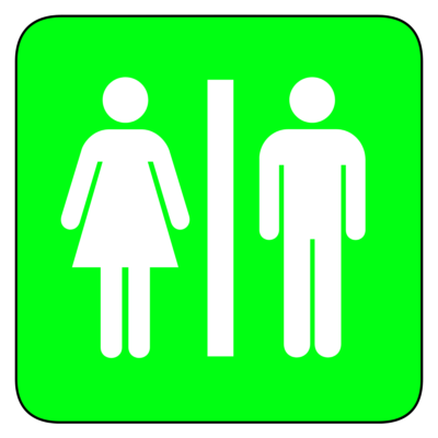 A restroom sign with male and female icons on a bright green background.