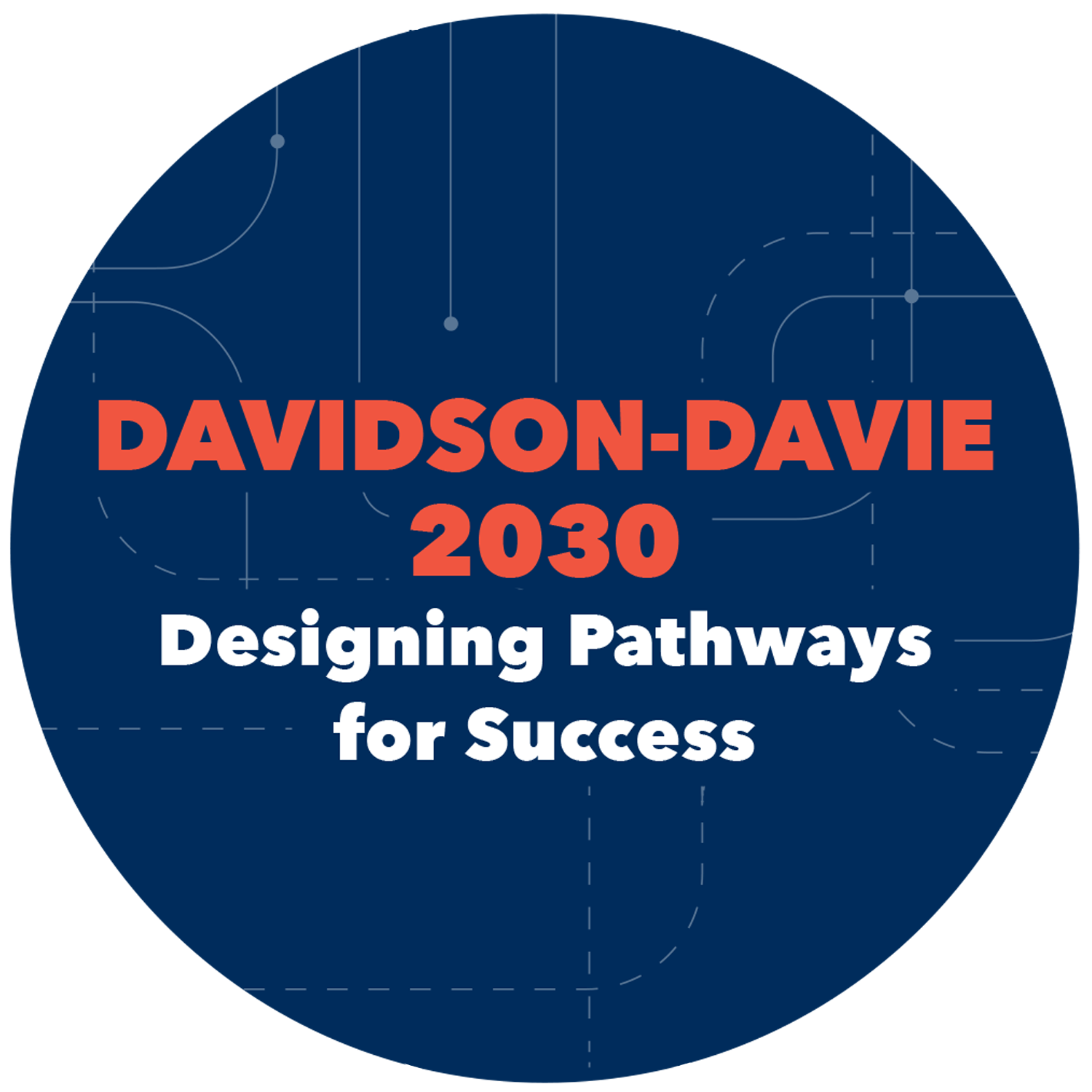 DesigningPathways-011625 Circular graphic with text: "DAVIDSON-DAVIE 2030 Designing Pathways for Success" on a blue background with contour lines.