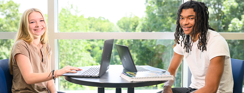 Two people sitting at a table with laptops in a bright room next to large windows.