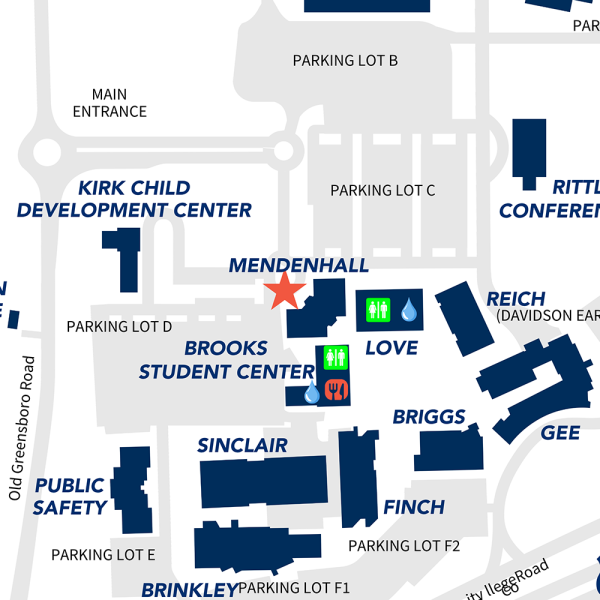 Campus map showing key buildings, parking lots, and facilities with labeled icons and pathways.